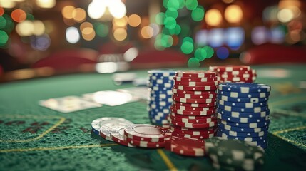 Colorful poker chips stacked on casino table with bokeh background, vibrant lights