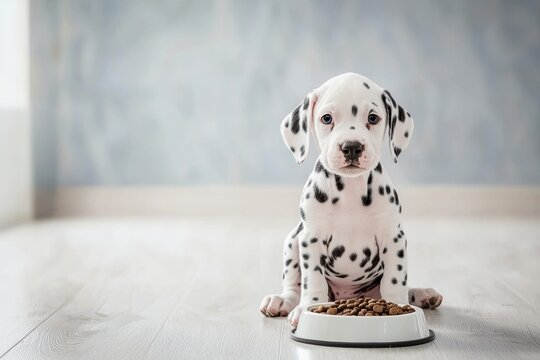 Portrait of a adorable Dalmatian puppy sitting front a food bowl with kibble - Powered by Adobe