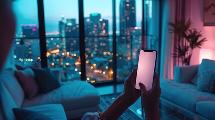 Naklejka premium Close up Young woman holding using touch mobile phone white screen mockup,relaxes sitting on sofa in luxury living room with neon light and city view,Night scene,copy space.