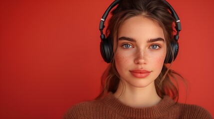 young woman listening the music headphone	