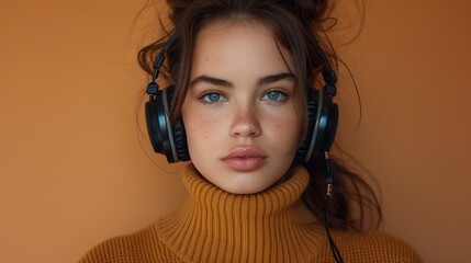 young woman listening the music headphone	