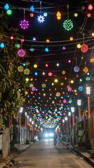 Festive Street Decorated with Colorful Lights