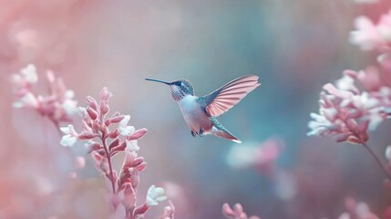 Hummingbird in Flight with Pink Flowers