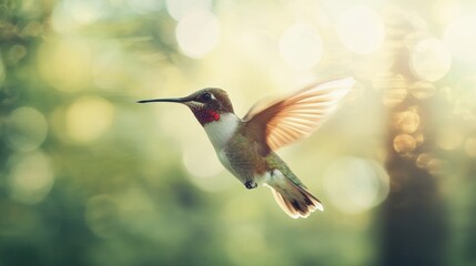 Fototapeta premium Hummingbird in Flight with Blurred Green and Yellow Background