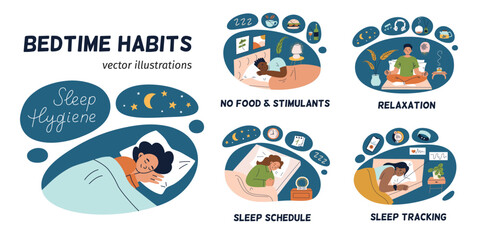Sleep hygiene vector illustration set. Bedtime habits collection, relaxation tips, healthy night routines. Flat cartoon people in cozy bedrooms. Sleeping schedule, deep sleep tracking, evening rituals