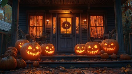 Obraz premium Halloween Front Porch with Glowing Jack-o'-Lanterns, Spooky and Festive Atmosphere, Perfect for Halloween Decorations and Seasonal Promotions