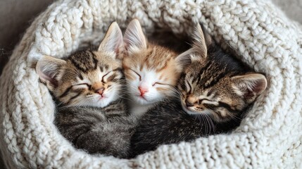Three Kittens Sleeping Together in a Knitted Blanket