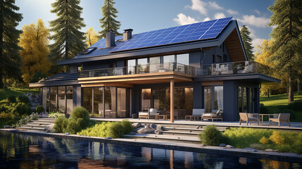 Fototapeta premium modern cottage with solar panels on the roof design project real estate of the future green transition
