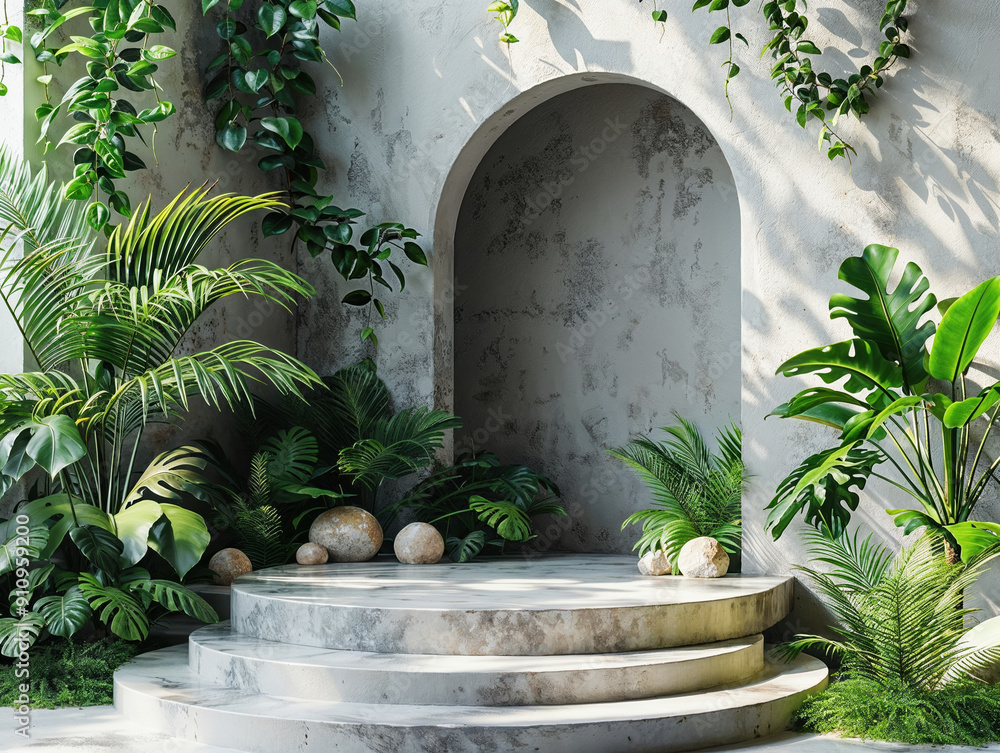 Aufkleber Empty round stone podium with lush greenery for displaying products in front of an arch in a wall background