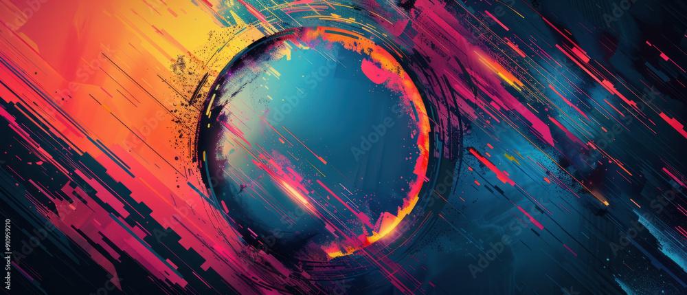 Poster technology background, abstract geometric shapes in vibrant colors radiate outward from a central em