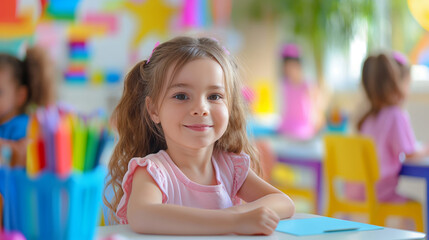 Portrait of smiling little girl among her friends at school. School children sitting behind desks in classroom.