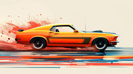 Obraz premium Illustration of orange sport car is depicted in a dynamic scene with splashes of paint and speed lines surrounding it