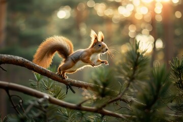 Obraz premium A playful red squirrel leaping from branch to branch in a pine tree forest.