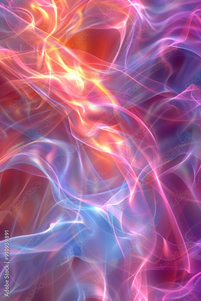 Poster abstract background, flowing translucent geometries, infused with iridescent colors, create a striki