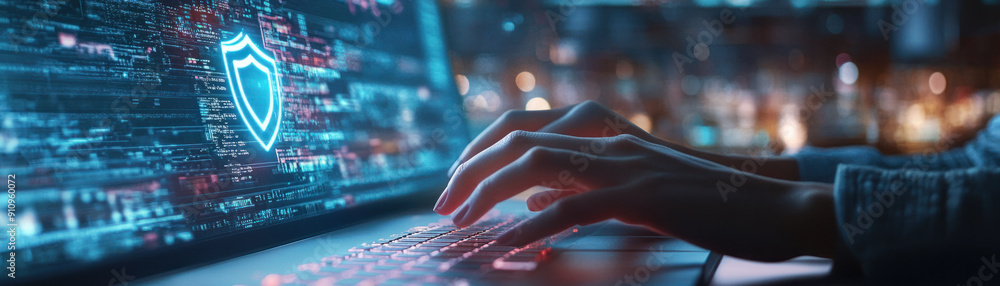 Aufkleber endpoint security training, hands actively typing on a minimalist keyboard, surrounded by a high-tec