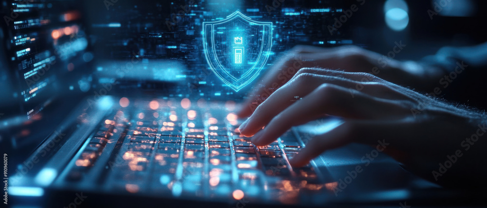 Poster endpoint security training, hands actively typing on a minimalist keyboard, surrounded by a high-tec