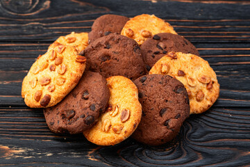 Mix of cookies chocolate and peanut . Many unhealthy snacks .