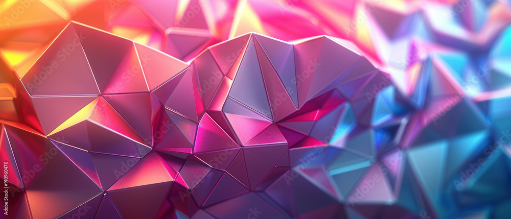 Poster abstract background, iridescent triangular patterns form an intricate geometric backdrop, with a cen