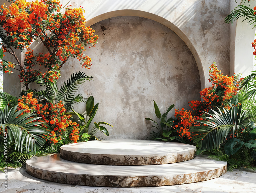 Poster empty concrete podium displaying with tropical plants and concrete building arch