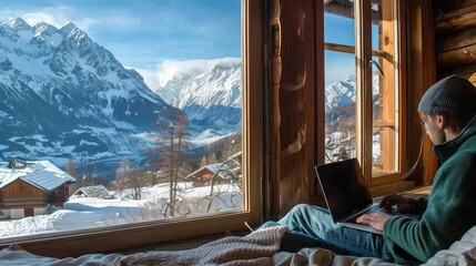 Freelancer typing on a laptop in a cozy mountain cabin with a view of snowy peaks , Digital nomad concept .