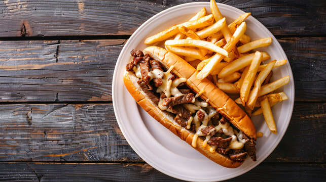 Delicious philly cheesesteak sandwich served with melted cheese on a white plate, alongside a side of crispy fries