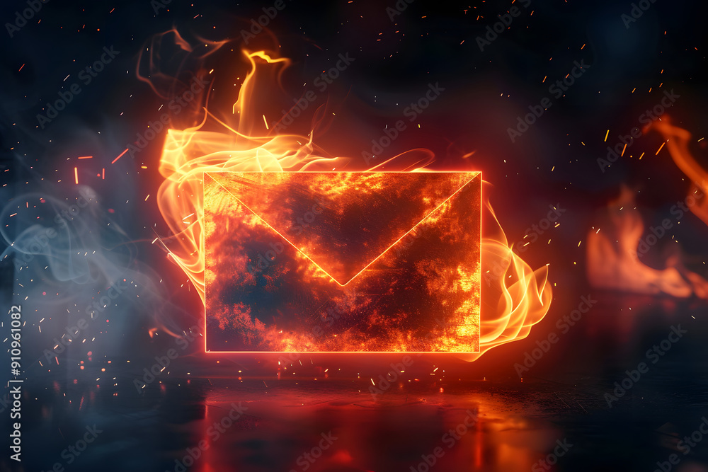 Poster futuristic open envelope with fiery glow and dark backdrop