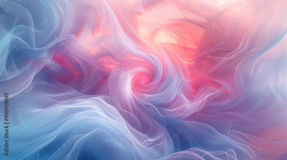 Poster abstract background, translucent pastel swirling shape dominates the center, surrounded by a soft gr