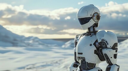 Futuristic AI Robot at Climate Research Station Monitoring Weather Patterns with Environmental Technology