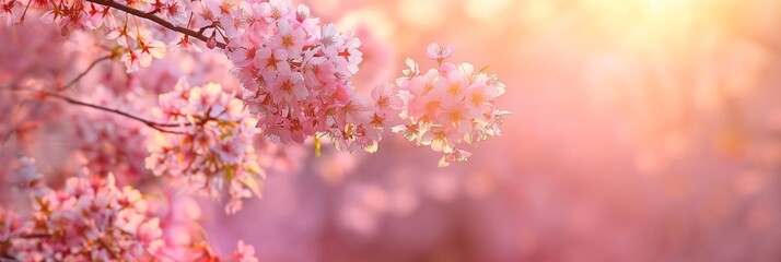 Obraz premium A close-up view of vibrant pink cherry blossoms in full bloom, illuminated by a soft, warm light creating a dreamy atmosphere.