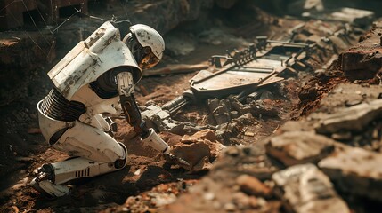 Modern AI Robot at Archaeological Dig Site Uncovering Artifacts for Historical Research with Advanced Excavation Techniques