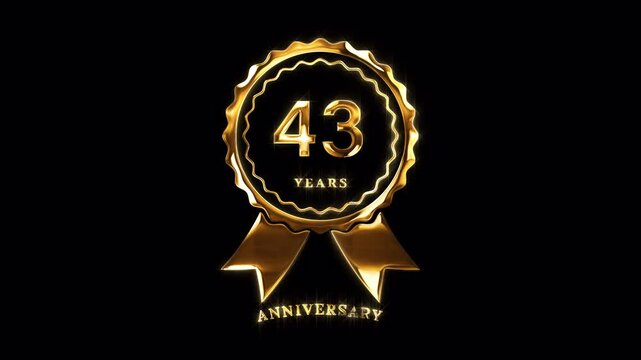 43rd Anniversary Celebration. Happy 43 Years Anniversary Animation in Gold Color on the Transparent Background, Alpha Channel. Great for greetings, celebrations, events, and gifts.