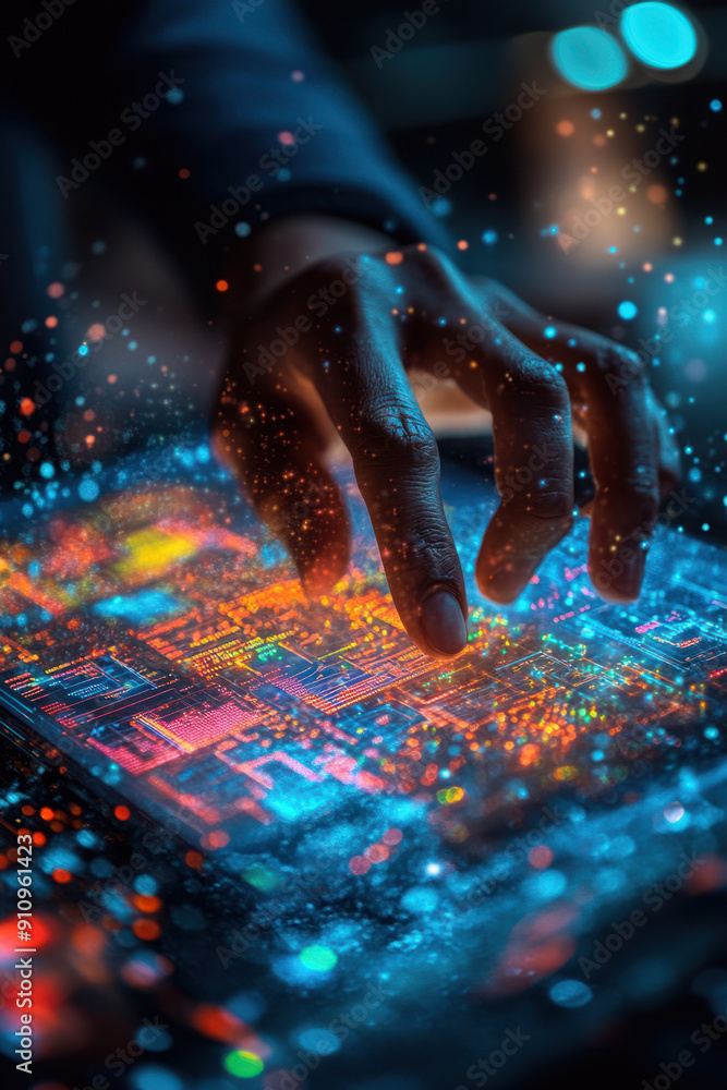 Poster business technology, a close-up of hands using a state-of-the-art digital tablet, with colorful holo