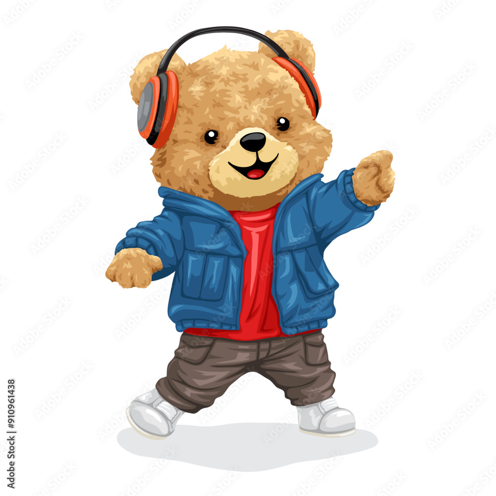 Sticker Cute teddy bear cartoon with headphone dancing. Vector cartoon illustration