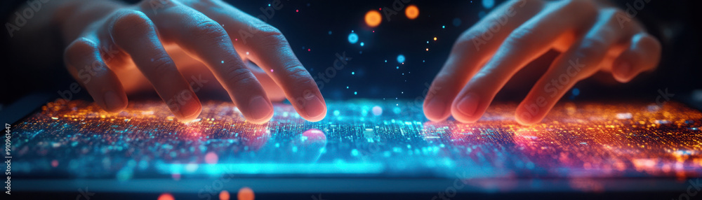 Poster business technology, a close-up of hands using a state-of-the-art digital tablet, with colorful holo