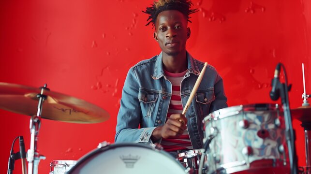Young man with a drummer on a red background