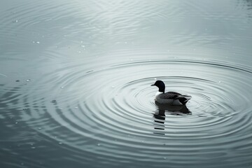 A serene image of a Eurasian coot gliding across a pond, creating ripples in the water.