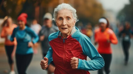 An elderly woman runs enthusiastically among fellow participants during a local running event