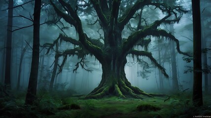 Obraz premium Lonely tree in a wide landscape in the middle of dusk and dark forest full of old trees in a blue dark theme