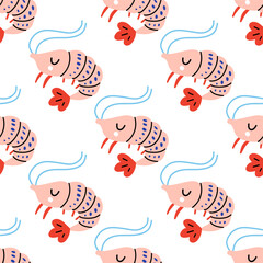 Cartoon shrimps vector seamless texture. Funny prawns on white background