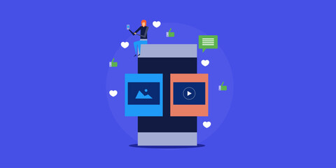 Woman browsing social media content on smartphone, audience engagement like and comment conceptual vector illustration.