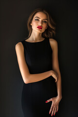Fototapeta premium Fashionable woman in a sleek black cocktail dress with a minimalist design, posing confidently against a dark, elegant backdrop.