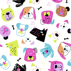 Cartoon creative dog faces on white seamless pattern. Childish texture