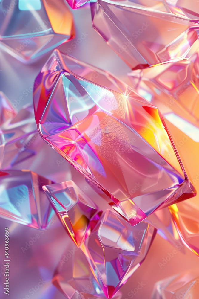 Poster social media background, dynamic polygonal forms radiate iridescent colors against a muted backdrop.