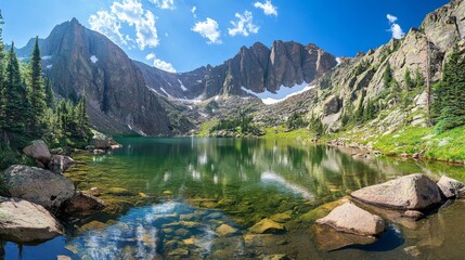 Breathtaking View of Mountain Lake Surrounded by Towering Peaks, Crystal-Clear Water Reflecting Landscape Under Bright, Cloudless Sky