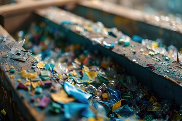 Obraz premium Shredded plastic pieces in recycling container