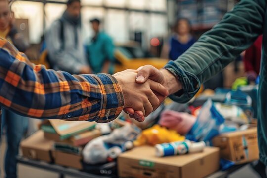 Handshake at donation center, diverse community helping.