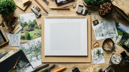 Top-down view of a landscape architectâ€™s desk with an empty sketch pad in the center, complemented by design tools, drafting supplies, and scattered reference images