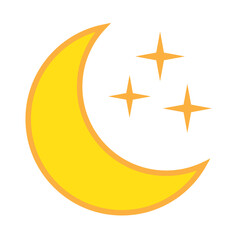 Yellow crescent moon with stars icon on white background. Night icon. Crescent moon icon. Minimalist style.