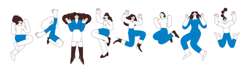 Collection of happy business employee females jumping in the air cheerfully isolated on white background. Black and white modern flat vector illustration.  Social media concept.