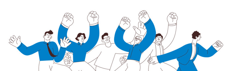 Collection of happy business employee males jumping in the air cheerfully isolated on white background. Black and white modern flat vector illustration. Social media concept.